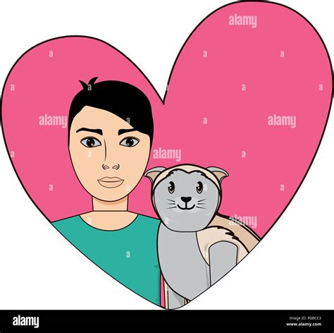 Cute Cat And Man In A Heart Over White Background Vector Illustration