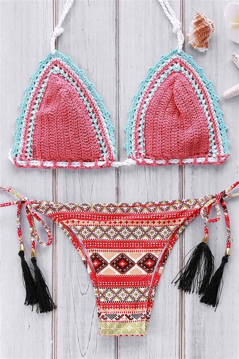 geometric print crocheted bikini set watermelon red crochet bikini set crochet bikini crochet