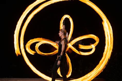 Firedancer Woman Perform Fire Tricks In Darkness Fire Performance