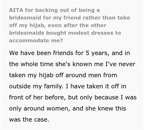 Muslim Bridesmaid Asks If Shes A Jerk For Not Compromising And Keeping Her Hijab On For Her