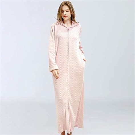 Drolpt Winter Flannel Long Bathrobe Women Soft Warm Hooded Zipper Homewear Robe Ankle Length
