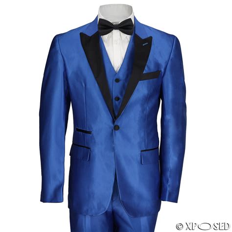 New Mens 3 Piece Suit Electric Blue Tailored Fit Black Lapel Wedding