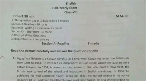 Class English Half Yearly Question Paper Of Youtube