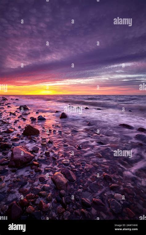 Purple Sunset Over Beautiful Beach In Wolin National Park Poland Stock