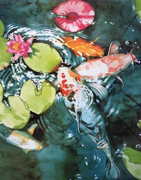 Koi Fish And Water Lilies Set Of Four Print Of Original Etsy Lily