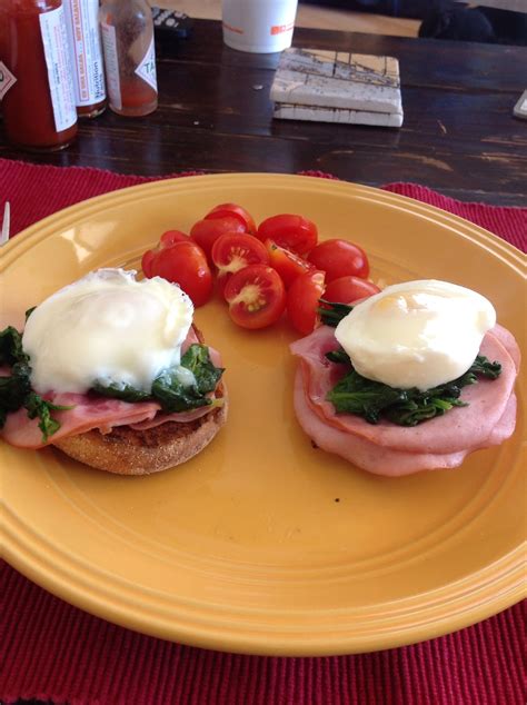 Perfect Breakfast English Muffin With Ham Sautéed Spinach And Poached