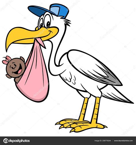 Stork Delivering African Baby Girl Une Illustration Bande Dessinée Une