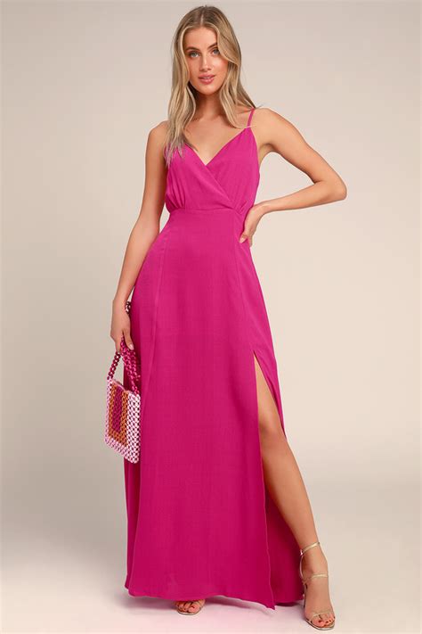 Glam Hot Pink Dress Pink Maxi Dress Side Slit Maxi Dress Lulus