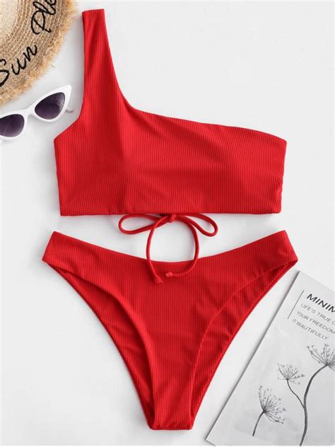 30 Off 2021 Zaful Ribbed Lace Up One Shoulder Bikini Swimwear In Red