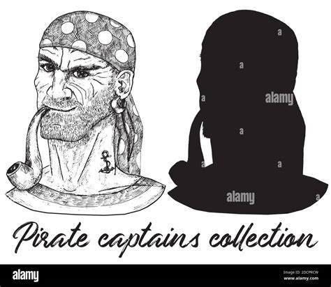 Capitán de mar pirata o boatswain y silueta aislada sobre blanco Dibujo hecho a mano