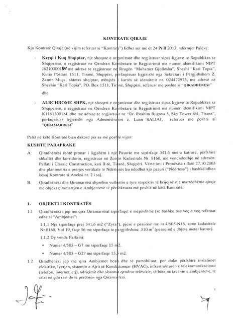 Kontrate Qeraje Zyra Tirane Kksh As Signed 26 04 2013 Pdf Pdf
