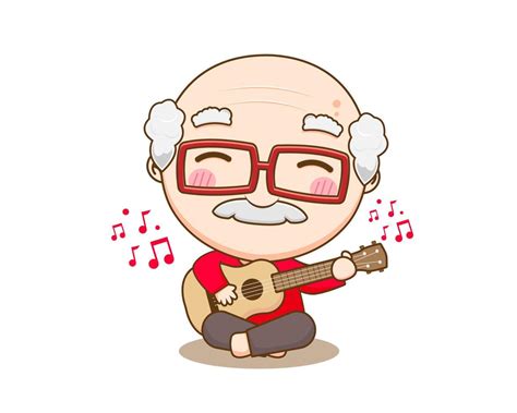 Cute Old Man Playing Guitar Grandpa Cartoon Character Chibi Vector