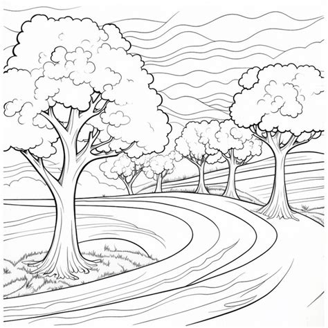 Premium Ai Image A Drawing Of A Road With Trees And A Sky In The