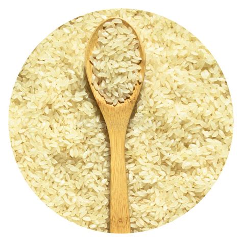 Fresh Organic White Raw Rice Grains Texture And Wooden Spoon Uncooked