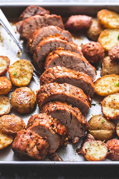 Spray a large baking sheet with olive oil or cooking spray & lay pork on top. Sheet Pan Pork Tenderloin and Potatoes | Creme De La Crumb ...