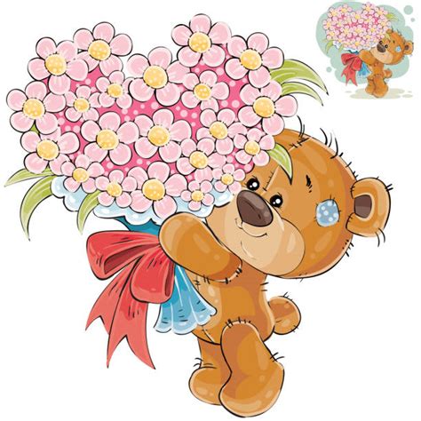 Cute Little Teddy Bear Giving A Bouquet Flower Illustrations Royalty