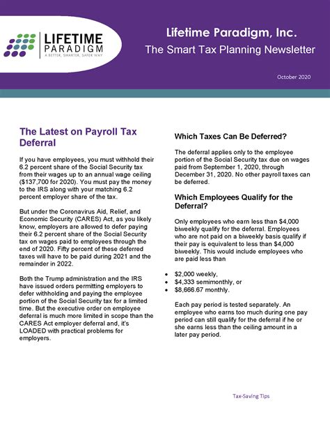 The Smart Tax Planning Newsletter October 2020 Lifetime Paradigm