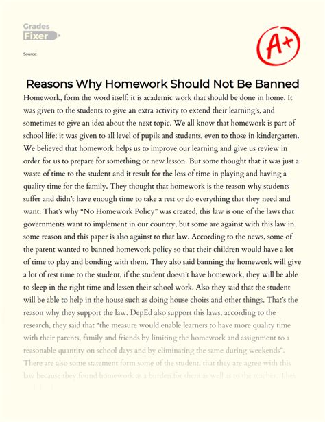 Reasons Why Homework Should Not Be Banned Essay Example 1205 Words