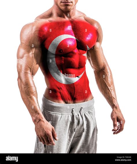 Torso Of Shirtless Muscular Man With Turkey Flag Painted On Naked Chest Isolated On White In