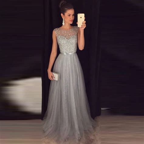 Gray Long Prom Dresses Beaded Tulle Sequin A Line Long 2017 Formal