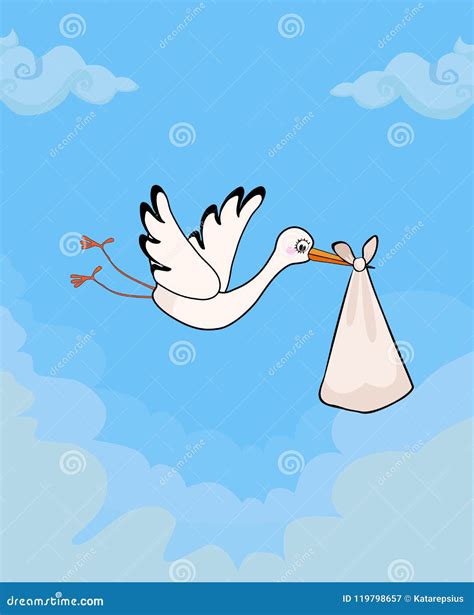 Cute Stork Delivering Baby Bundle On Sky Background Stock Vector