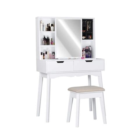 Buy Lynslim White Vanity Desk With Sliding Mirror And Cushioned Stool Makeup Dressing Table