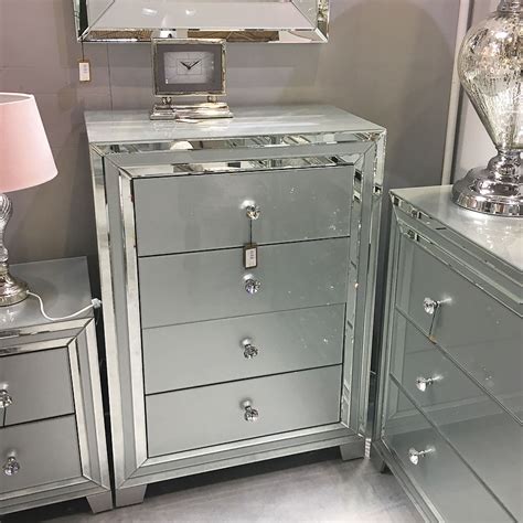 Madison Grey Glass 4 Drawer Mirrored Cabinet Chest Of Drawers Picture
