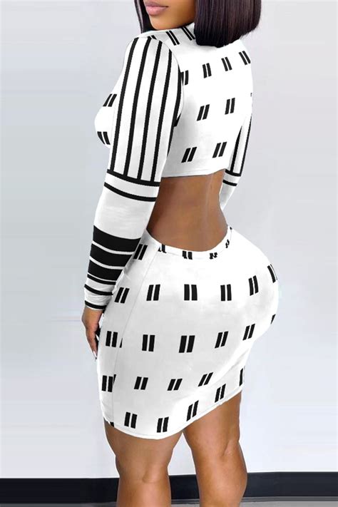 Wholesale White Sexy Print Patchwork Buckle Turndown Collar Pencil Skirt Dresses K42861 1 Online