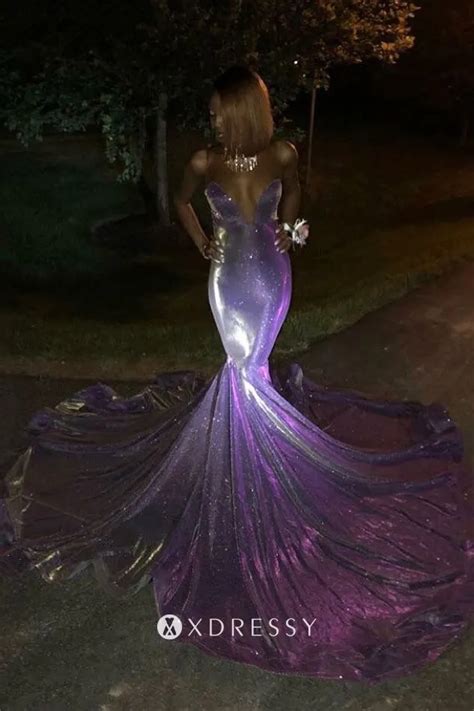 Shiny Purple Glitter Strapless V Neck Prom Dress Xdressy