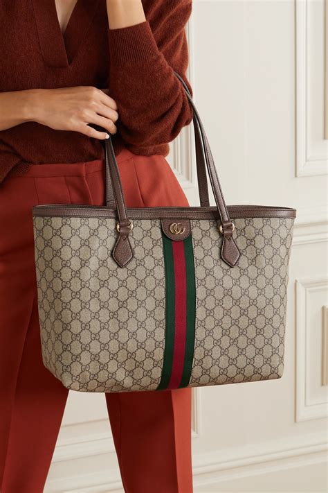 Brown Ophidia Medium Leather Trimmed Printed Coated Canvas Tote Gucci