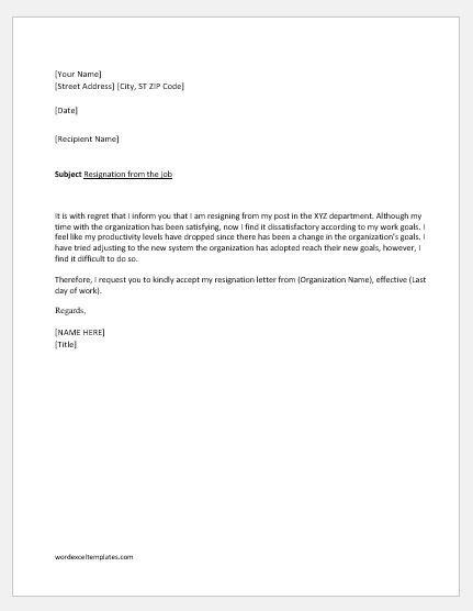 Resignation Letter Due To Unsatisfactory Work Circumstances Word