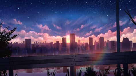 Download 1920x1080 Anime Cityscape Polychromatic Sunset Rainbow
