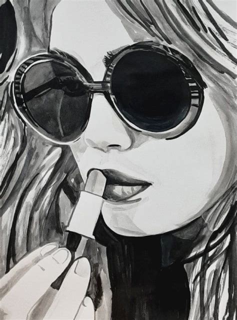 A Drawing Of A Woman Wearing Sunglasses And Holding A Pen In Her Right