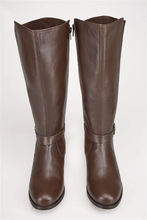 Brown Leather Xl Calf Riding Boots With Stretch Panels And Buckle In True