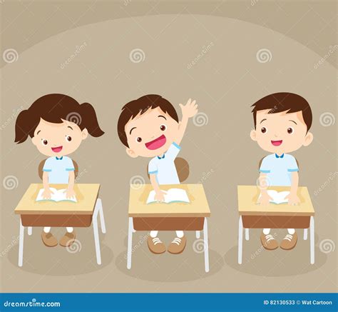 Pupil Boy Raising Hand For An Answer At The Desk Vector Illustration