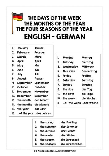 German Days Months Seasons List Freebie Teaching Resources