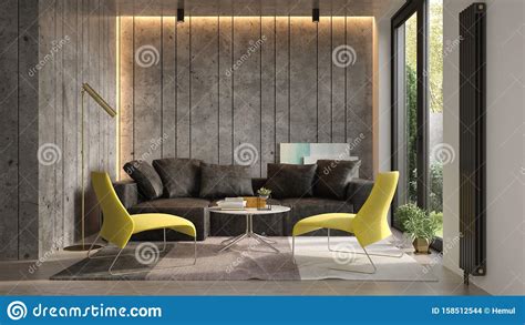 Interior Of Modern Living Room With Sofa 3 D Rendering Stock