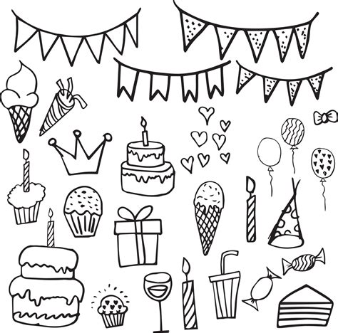Happy Birthday Party Celebration Hand Drawn Line Doodles Collection