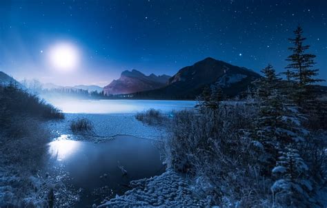 Wallpaper Winter Mountains Night Lake The Moon Ate Frost Canada