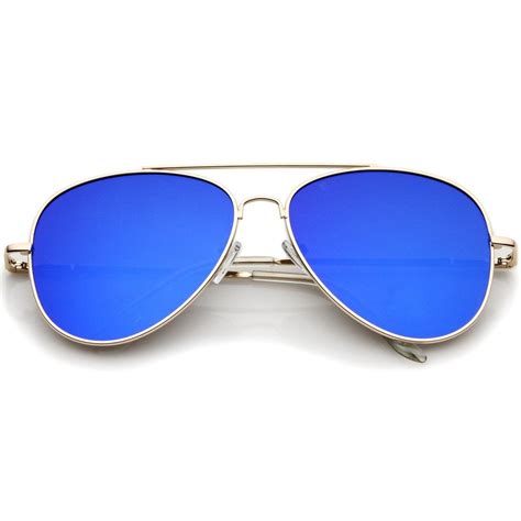 Large Flat Front Mirrored Lens Aviator Sunglasses A485 Blue Lens