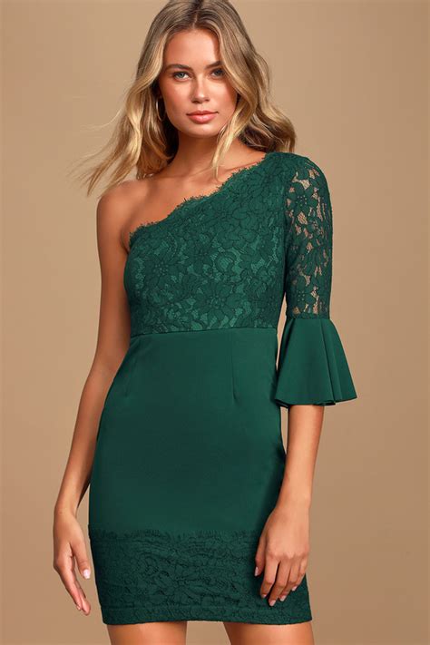 sexy green bodycon dress lace dress one shoulder dress lulus