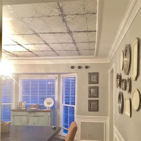 Faux Tin Tile Ceiling Using Peel And Stick Temporary Wallpaper