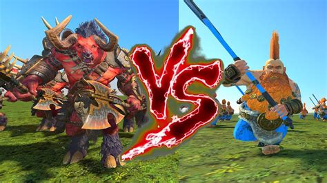 Minotaurs Of Khorne Vs Giant Slayers Total War Warhammer Youtube