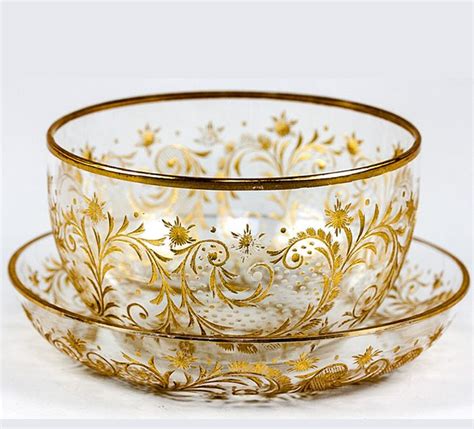Antique Bohemian Engraved Gold Enamel Crystal Bowl And Saucer Under Plate Finger Bowl Moser