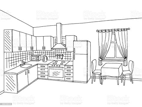 Brand new to dungeons & dragons? Kitchen Room Interior Black White Graphic Art Sketch ...