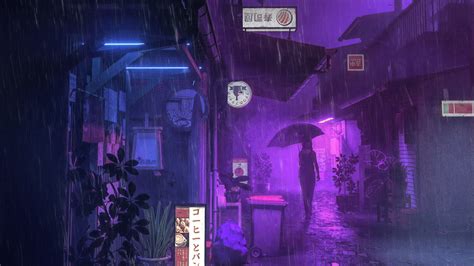 Village Street Neon Girl Umbrella Hd Anime 4k Wallpapers