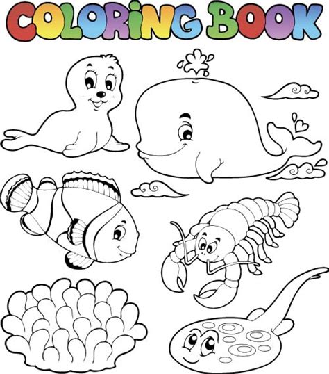 Seaworld with fish, sea horses, jellyfish and aquatic plants. Coloring picture sea world vector template 03 - Vector ...