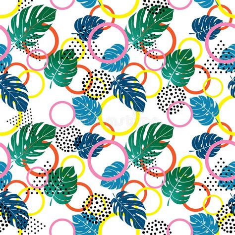 Geometric Colorful Shapes And Tropical Leaves Seamless Pattern Stock