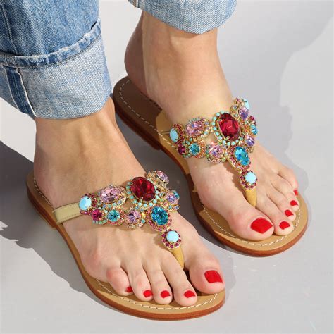Jeweled And Embellished Flat Leather Womens Sandals Mystique Sandals