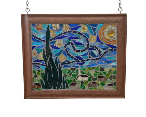 Starry Night Stained Glass Mosaic Panel For Window Van Gogh Etsy